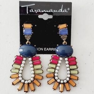 Taramanda Multicolored Dangle Post Earrings Beaded Wearable Art NEW Bold